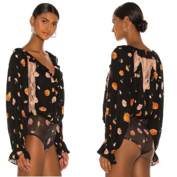 Free People Intimately Poppy Ruffle Bodysuit NWT Black Floral - Picture 1 of 16